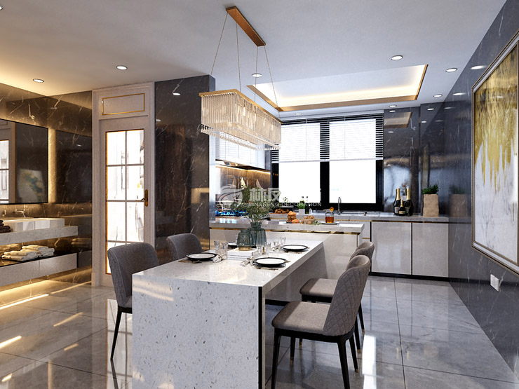 轻奢风格餐厨一体式装修效果图